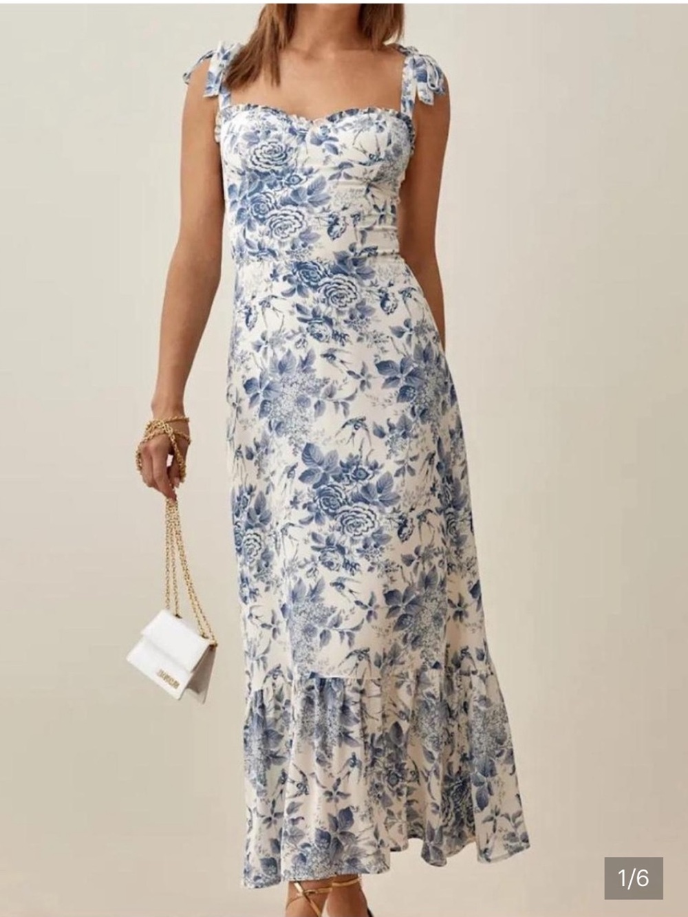 Reformation Nikita Dress Blue and Cream Smocked Floral Dress - Picture 5 of 6